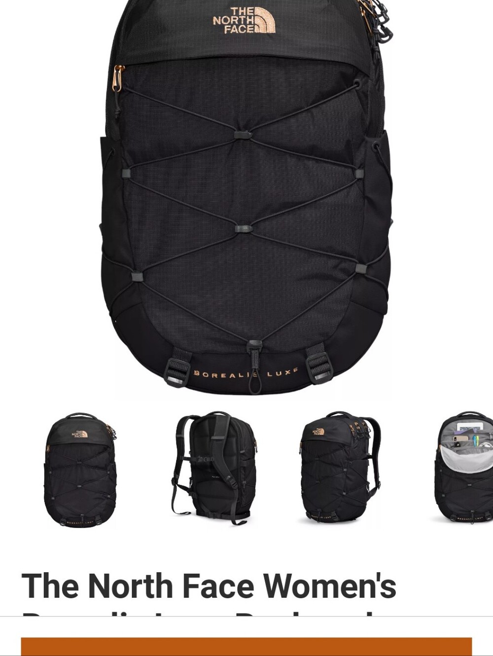 The North Face Black Borealis Luxe Women's Backpack with Copper Accents.